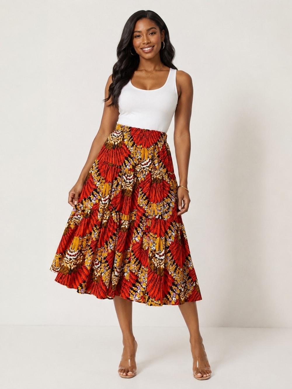 Sedona Stitchery Southwestern Tiered Maxi Skirt OS Boho Prairie Feather Print